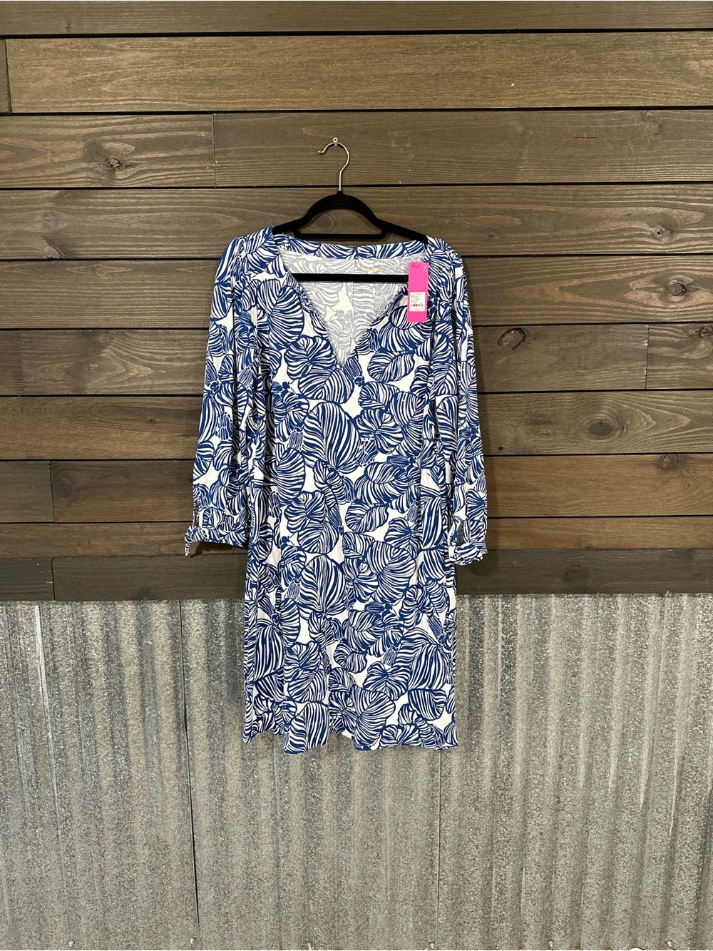 Lilly Pulitzer Blue and White Leaf-Print V-Neck Midi Dress